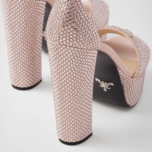 Prada Pink Embellished Platform Heels Logo Satin Crystal Sandals Open Toe - Picture 3 of 10